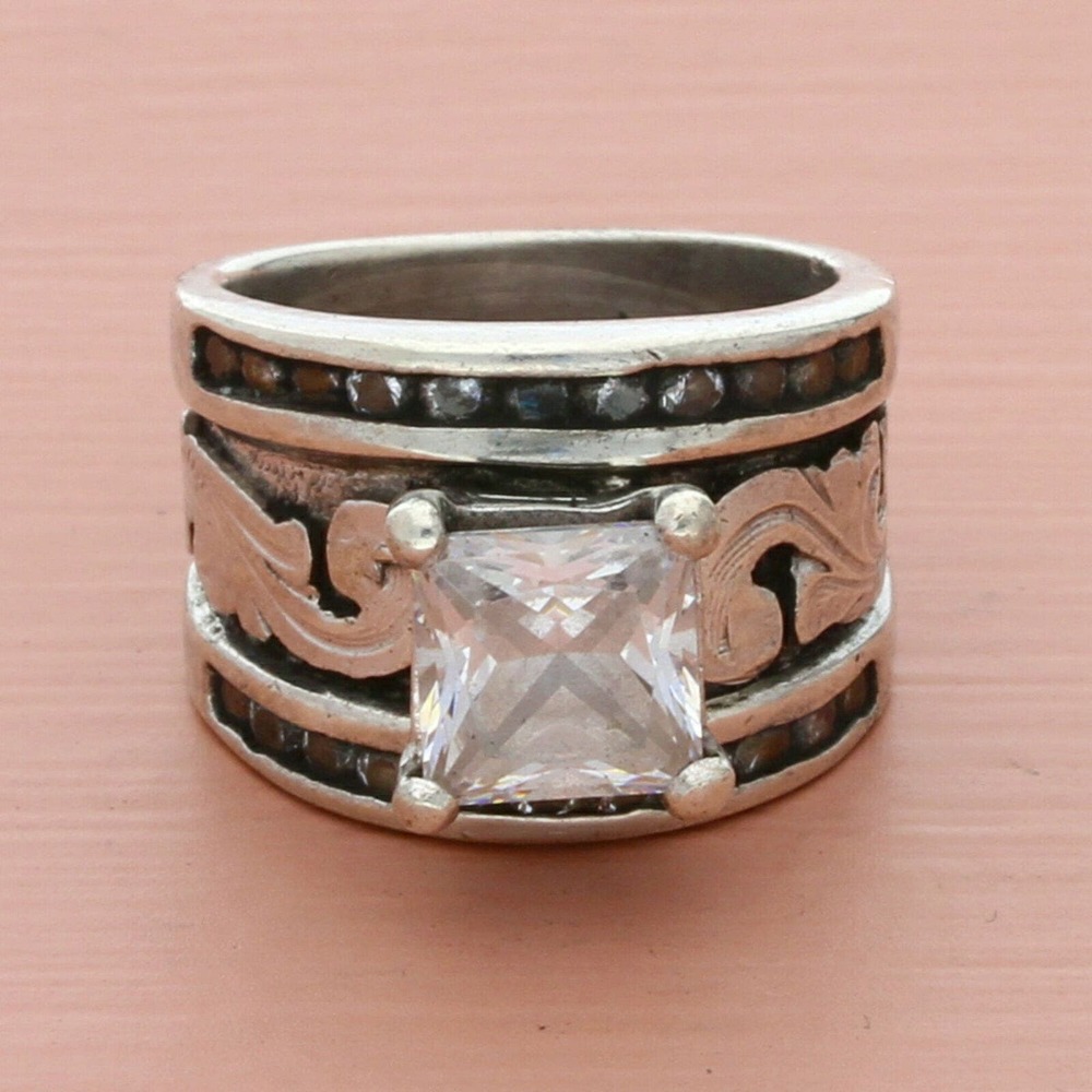 Sterling Silver Wide Band Ring with Square White Stone